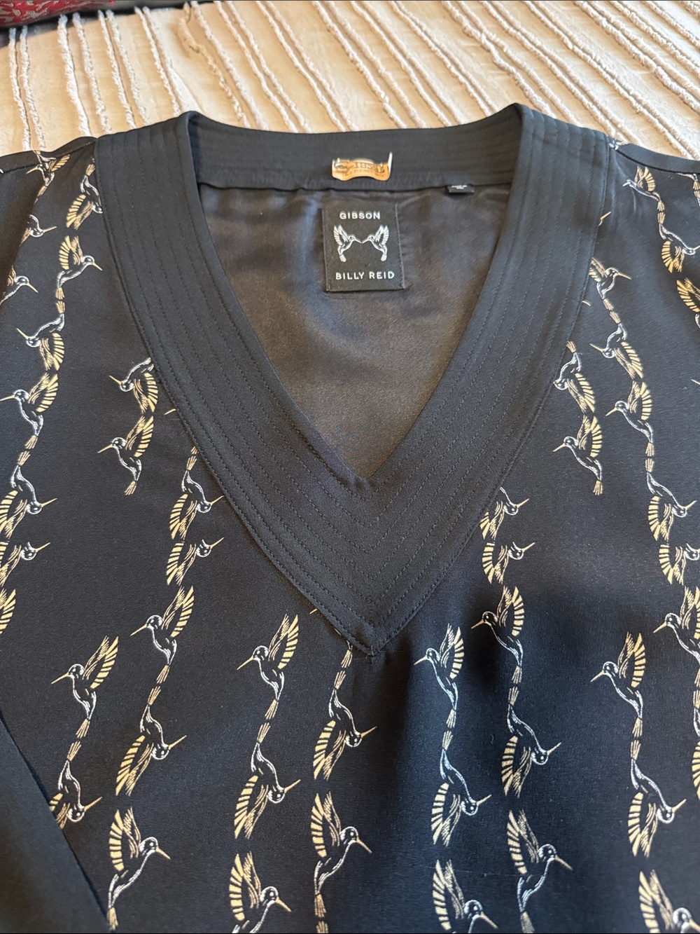 Designed Billy Reid Black V-Neck Dress with Gibson Hummingbird Print - Picture 7 of 11